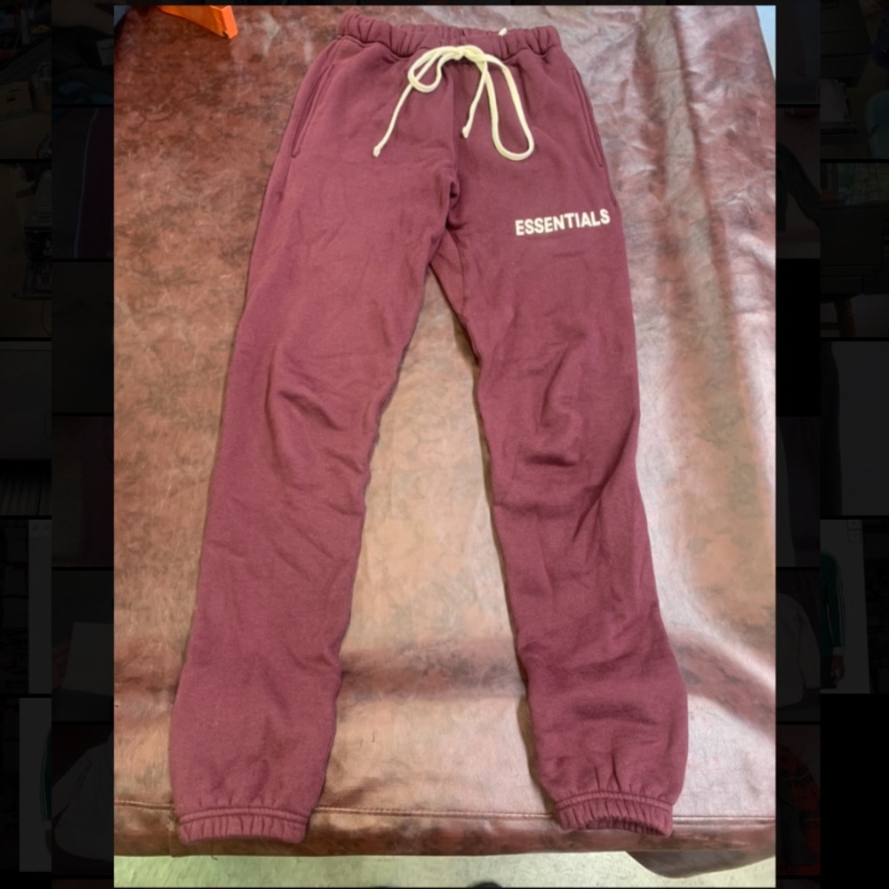 Burgundy Fear of God Essentials Joggers